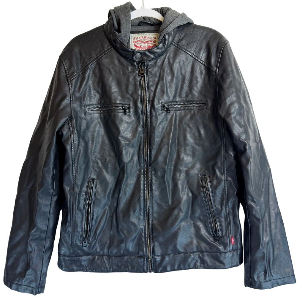 Levis Mens Faux Leather Hooded Racerโ Jacket Medium Black Moto Bomber Hoody Coat
